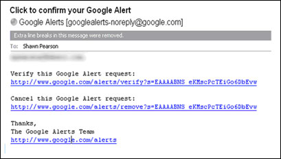 Confirmation email from Google alerts