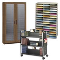Freestanding office storage racks in metal and wood.