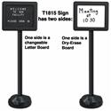 Freestanding message board with letterboard on one side and dry erase board on the other.